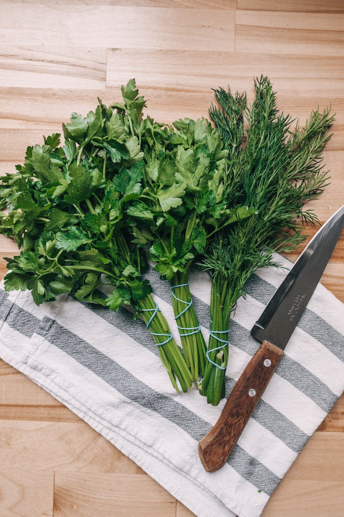 A bunch of fresh parsley and dill with a knife on a striped cloth. Ideal for culinary and food-themed images.